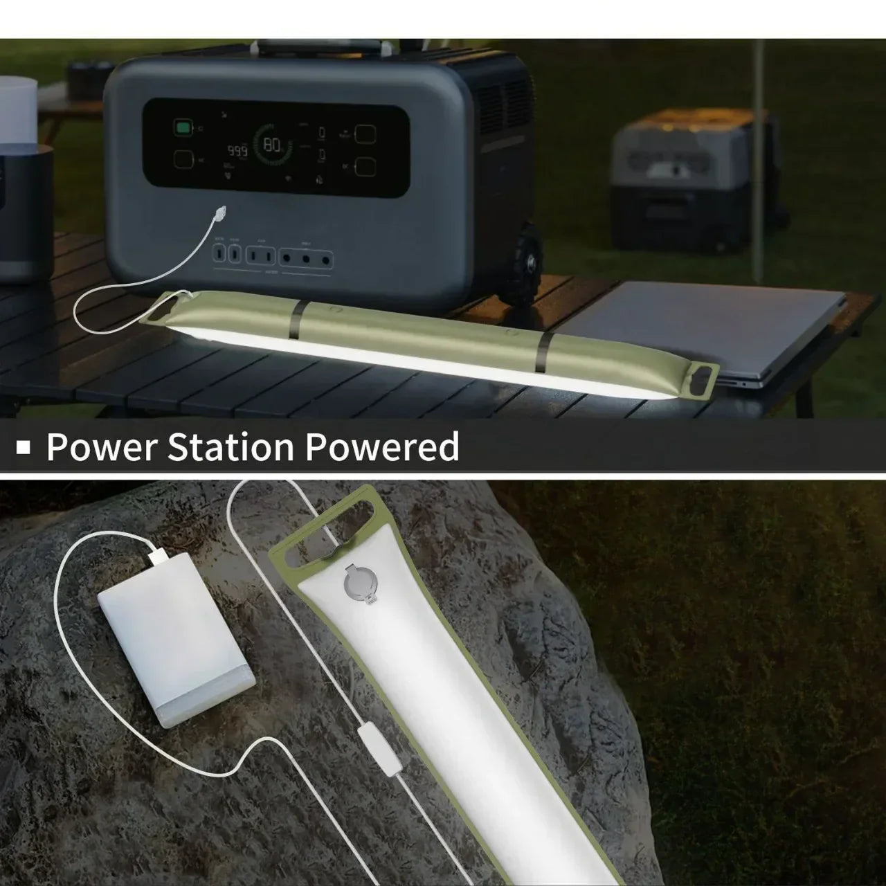Tragbare Powerstation mit LED-Lichtleiste, USB-Anschlüsse, Outdoor-Energieversorgung, grau