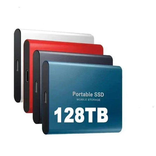 Externe tragbare SSD 128TB, blau, rot, weiß, USB-C, mobile Datenspeicherung.