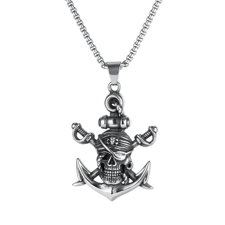 Silberne Piraten-Schädel-Anker-Halskette, Edelstahl, Herren-Schmuck, maritimes Design.