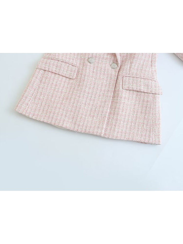 Rosa Tweed-Blazer Damen, zweireihig, elegant, modisch, strukturierter Stoff, klassisch.