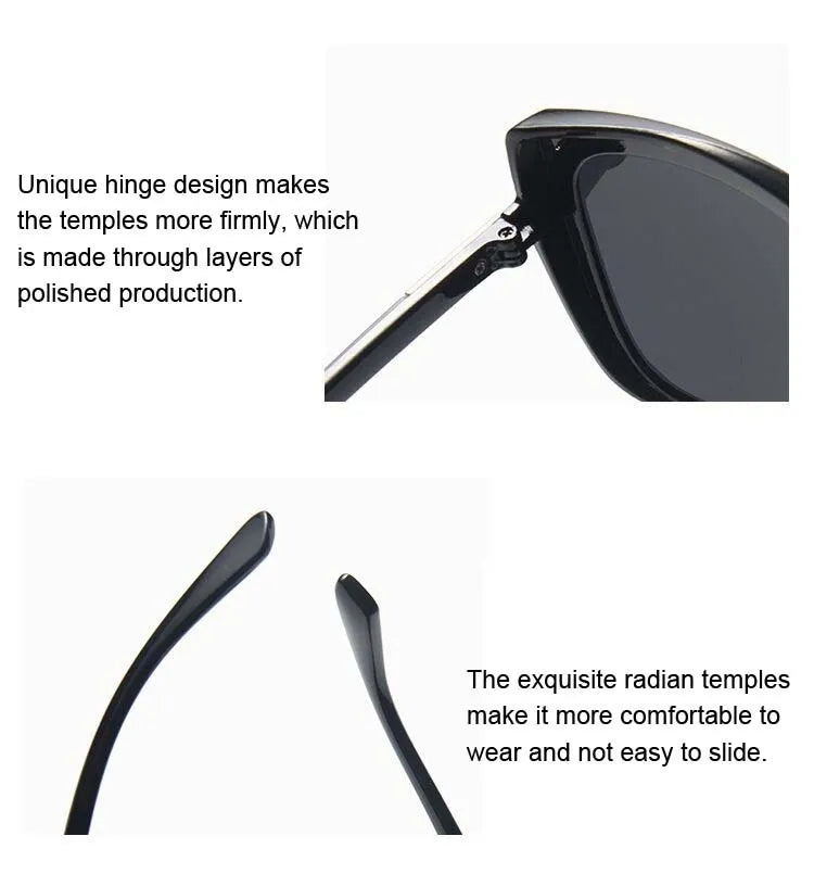 Schwarze Sonnenbrille mit einzigartigem Scharnierdesign und gebogenen Bügeln für Komfort.