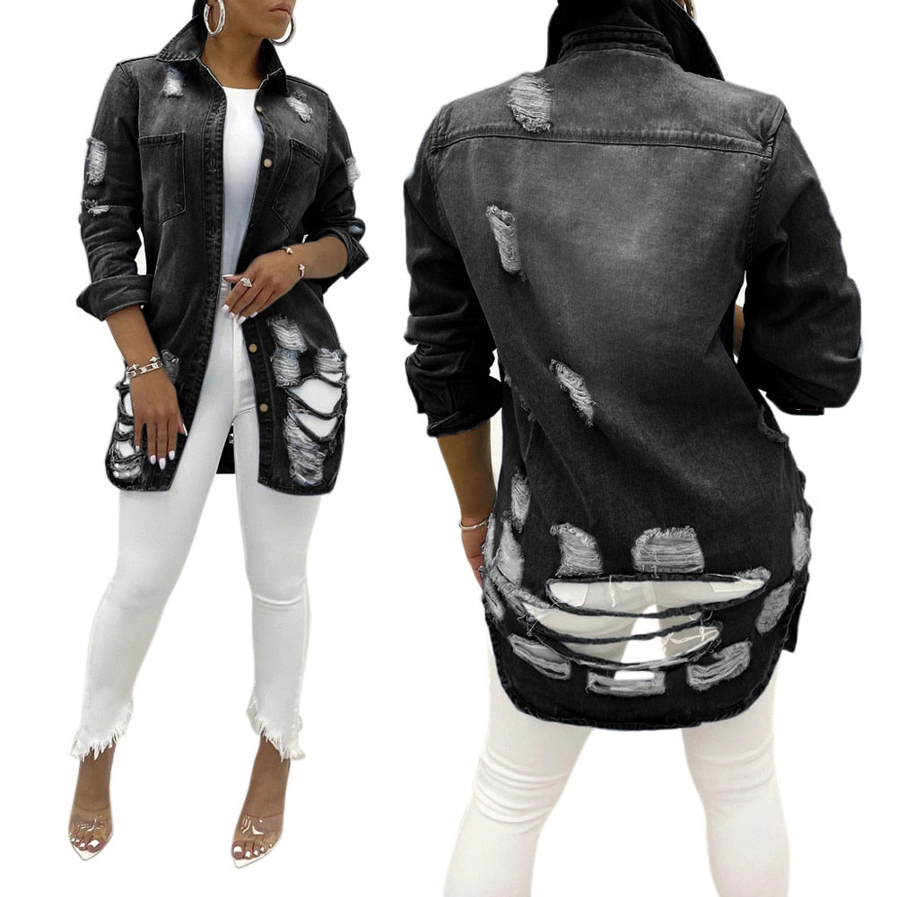 Damen-Jeansjacke schwarz, zerrissen, modisch, lang, Freizeitkleidung, Streetwear.