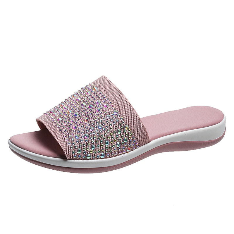 Rosa Damen-Pantoletten mit Strasssteinen, bequeme Sommerschuhe, modisch und elegant.
