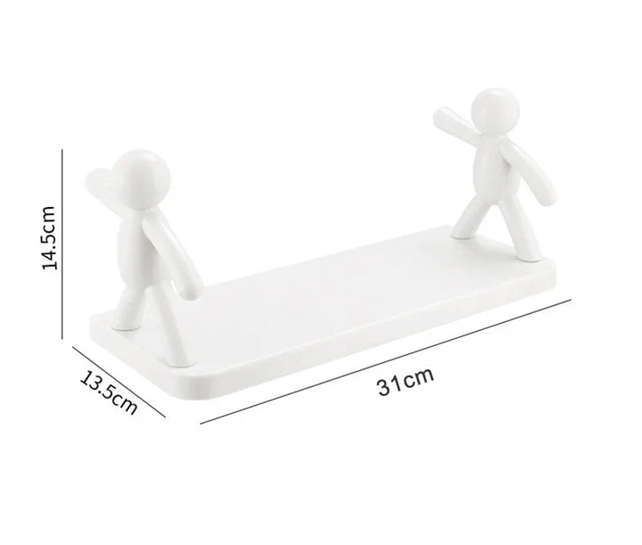 Weiße Kunststoff-Handyhalterung mit Figuren, 31x13,5x14,5 cm, minimalistisches Design.