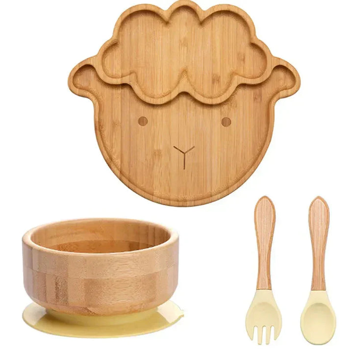 Bambus-Kindergeschirr-Set, Schaf-Design, Teller, Schüssel, Löffel, Gabel, umweltfreundlich