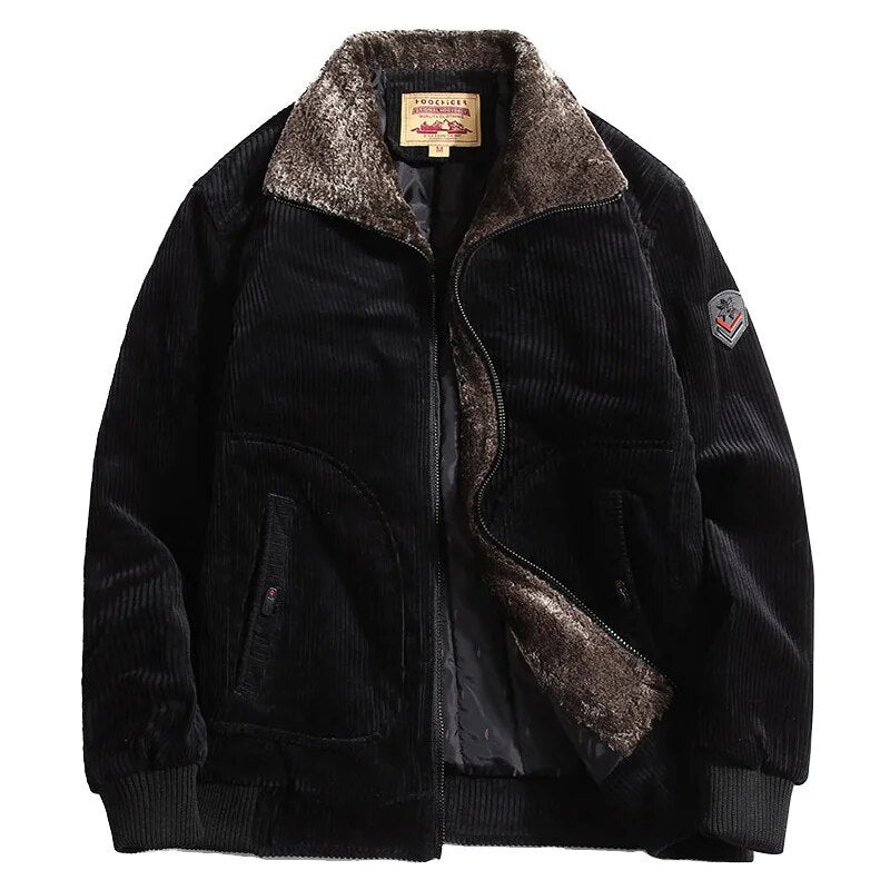 Schwarze Cordjacke mit Kunstfellkragen, Herrenmode, Winterjacke, warm und stilvoll.