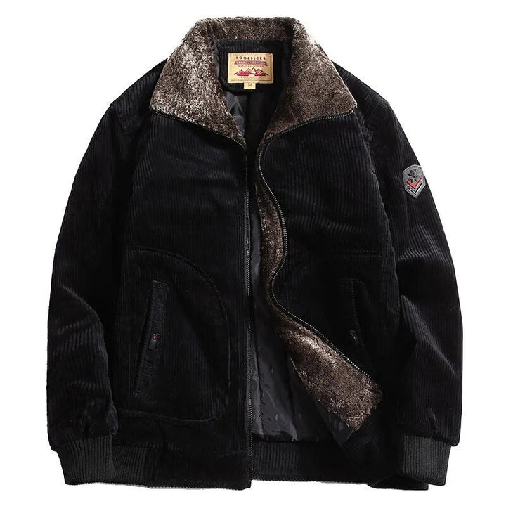 Schwarze Cordjacke mit Kunstfellkragen, Herrenmode, Winterjacke, warm und stilvoll.