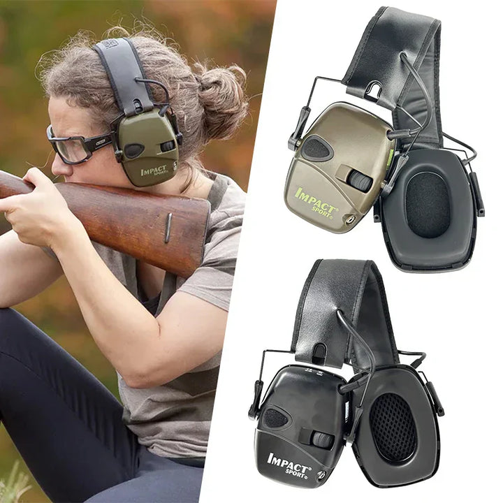 Frau mit Gehörschutz und Gewehr, Impact Sport Gehörschutz, Schießen, Jagd, Lärmschutz, Outdoor.