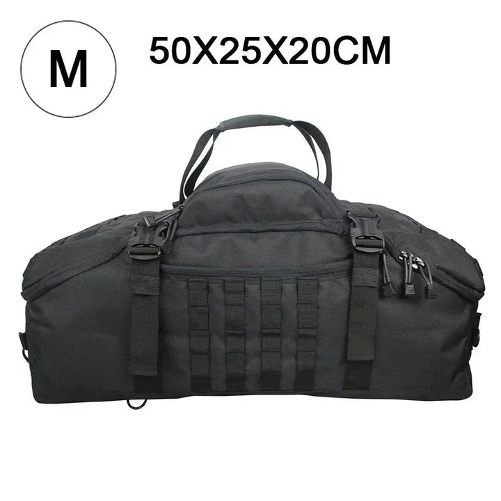 Schwarze taktische Reisetasche, 50x25x20cm, robustes Material, ideal für Outdoor-Aktivitäten.