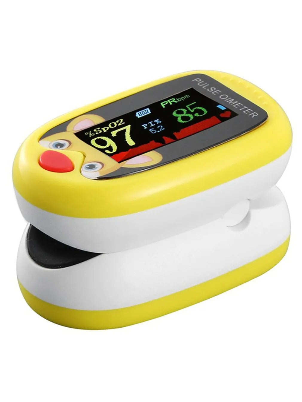 Gelbes Finger-Pulsoximeter, digitales Display, misst Sauerstoffsättigung und Pulsfrequenz.