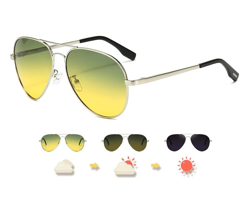 Sonnenbrille mit gelben Gläsern, UV-Schutz, Metallrahmen, für Tag- und Nachtfahrten.