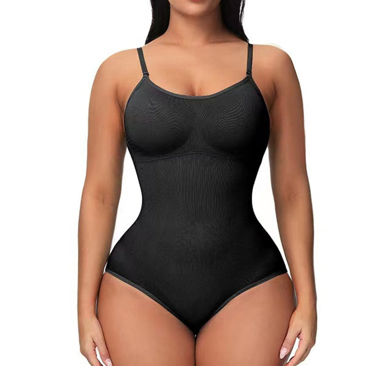 Schwarzer Damen-Body Shapewear, nahtlos, figurformend, verstellbare Träger, elastisch.