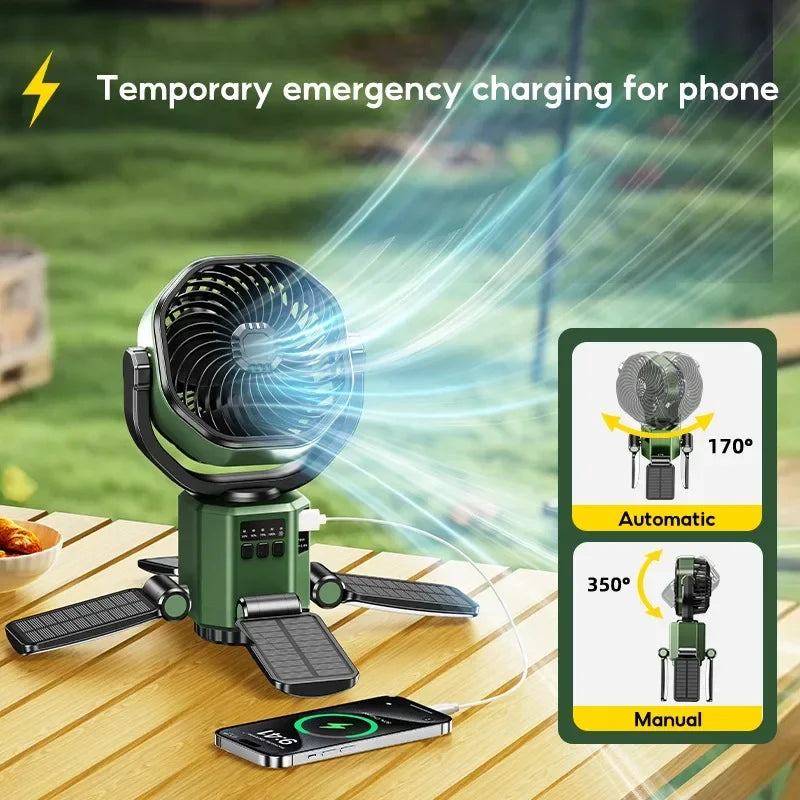 Solární ventilátor pro kempování s baterií 6000 mAh, LED světlem a 4stupňovým nastavením rychlosti – SunBreeze