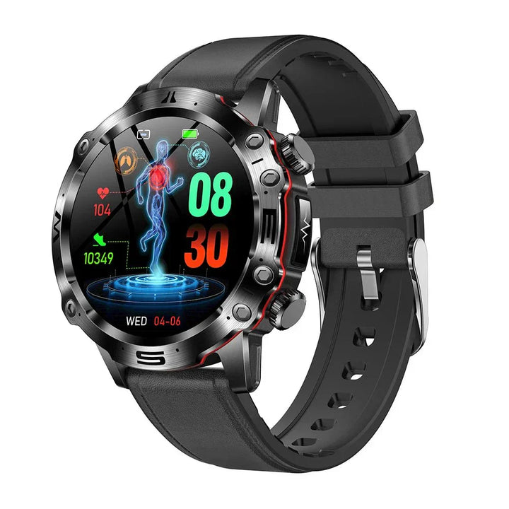 Schwarze Smartwatch mit rundem Display, Fitness-Tracking, Herzfrequenzmesser, Silikonarmband.