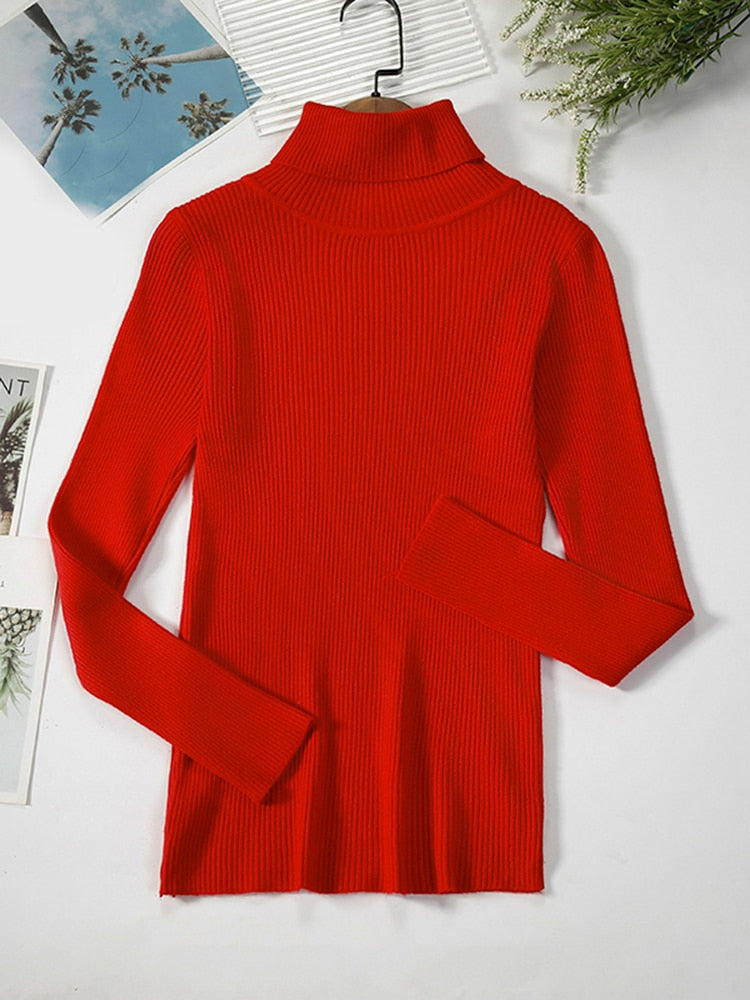 Roter Rollkragenpullover aus Strick, langärmelig, Damenmode, Herbst-Winter-Kleidung.