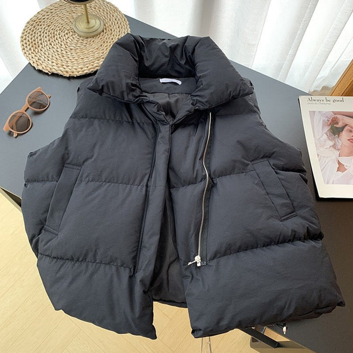 Schwarze Daunenweste, ärmellos, Reißverschluss, modisch, warm, Winterbekleidung, Unisex.