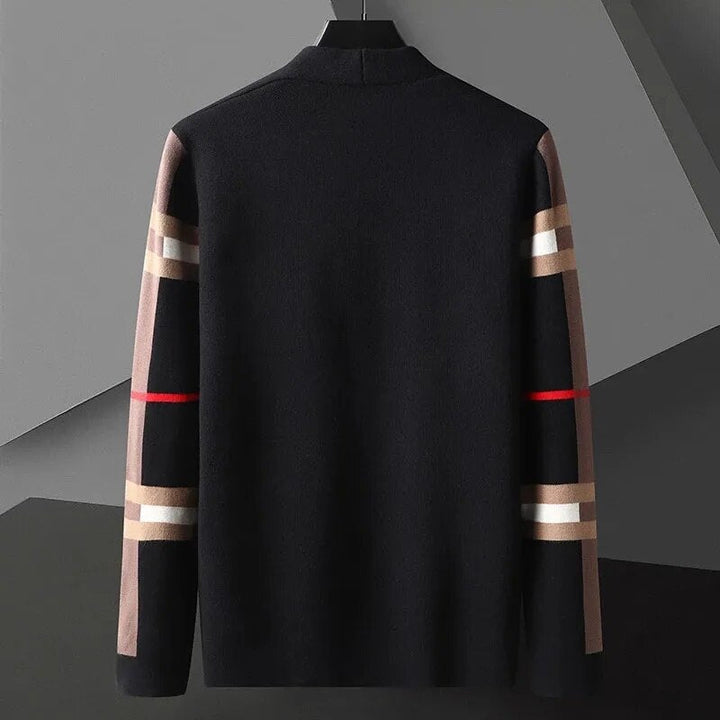 Schwarzer Herrenpullover mit geometrischem Muster, Langarm, Baumwolle, modisch, elegant.