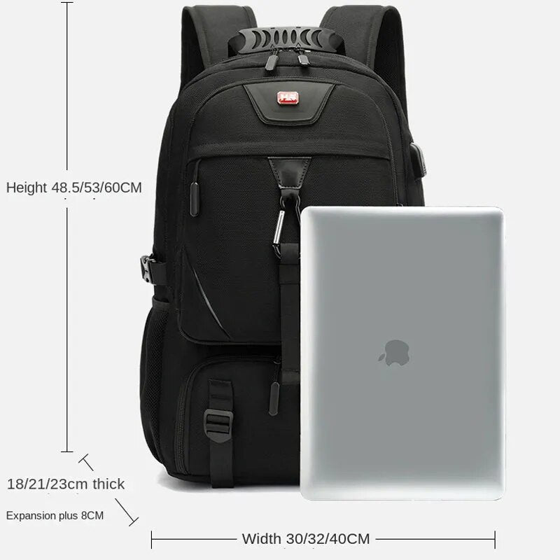 Schwarzer Laptop-Rucksack, wasserdicht, erweiterbar, für Reisen, Business, 18-60L.
