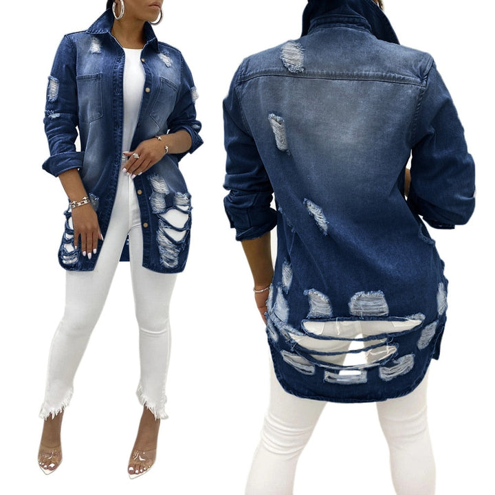 Damen-Jeansjacke, blau, zerrissen, lang, modisch, Freizeitkleidung, Streetwear, Denim-Look