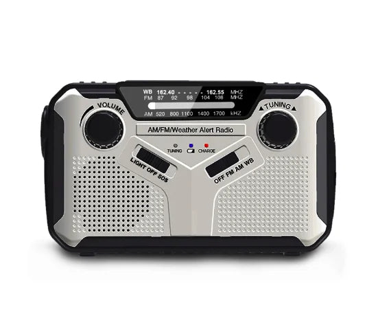 Tragbares AM/FM-Wetterradio, silber-schwarz, Notfallradio mit LED-Licht und Solarladung.