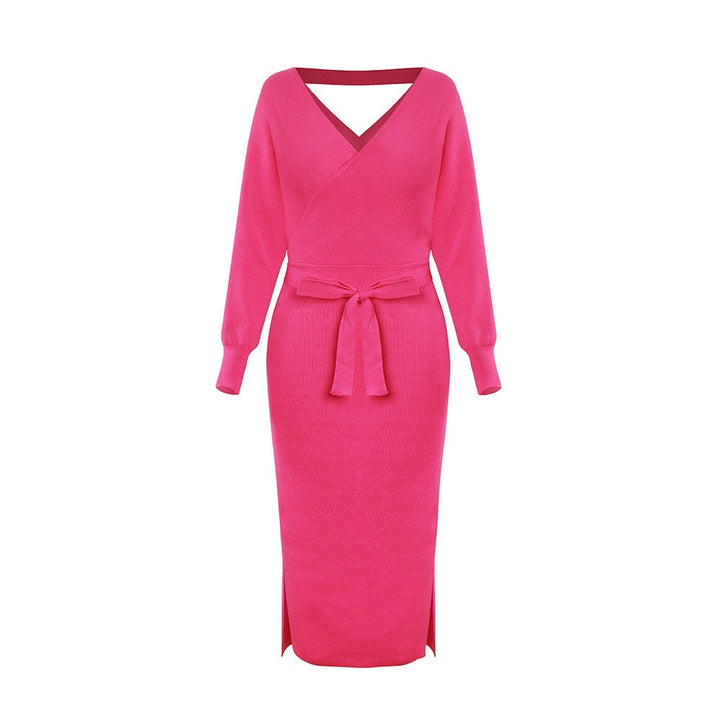 Rosa Strickkleid mit V-Ausschnitt und Gürtel, langärmelig, elegantes Damenmode-Outfit