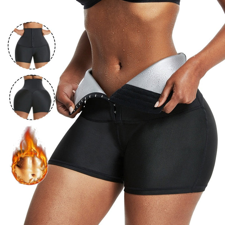 Frau in schwarzer Neopren-Saunahose, Fitness, Gewichtsverlust, Schweiß, Sportbekleidung.
