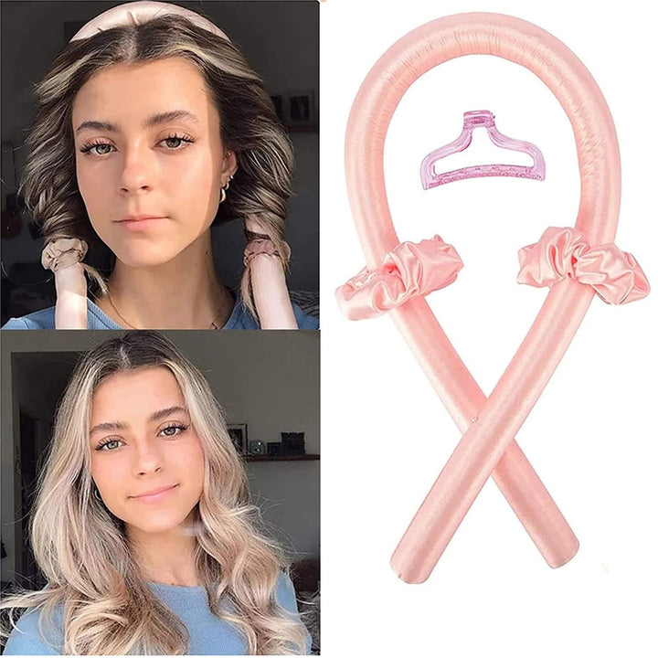 Rosa Seiden-Lockenwickler Set für hitzefreies Haarstyling, inklusive Haarklammer und Scrunchies.
