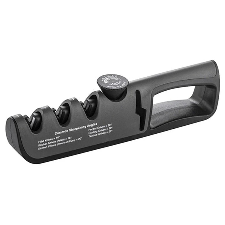 Schwarzer Messerschärfer mit drei Schleifstufen, ergonomisch, für Küchen- und Taschenmesser.