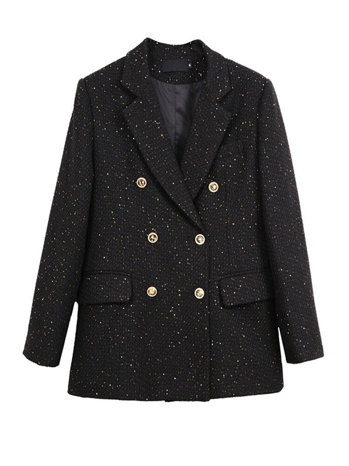Schwarzer Damenblazer mit goldenen Knöpfen, eleganter Look, festliches Design, Tweed-Stoff.