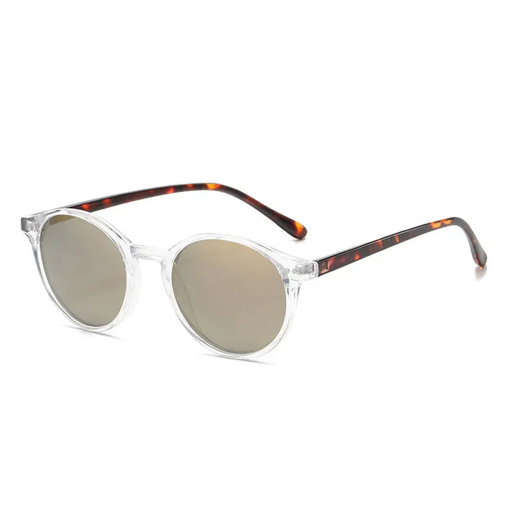 Transparente Sonnenbrille mit runden Gläsern, braunem Gestell, modisch, unisex, UV-Schutz.