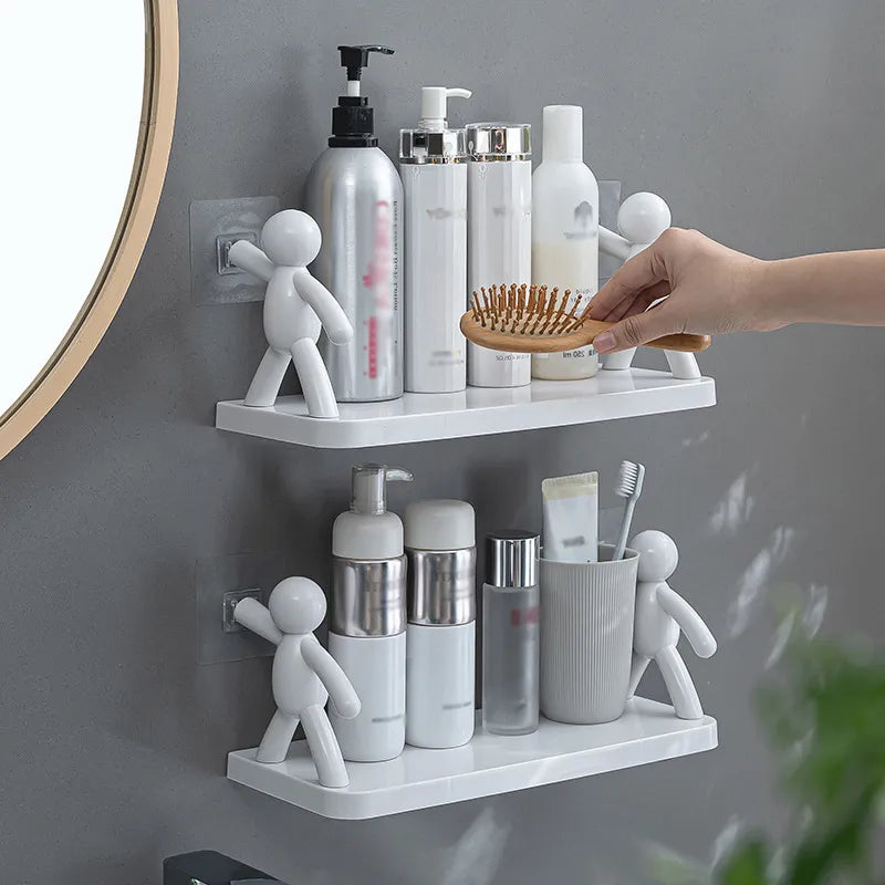 Wandregal Bad Kunststoff Weiß, mit Figuren, für Shampoo und Zahnbürsten, platzsparend.