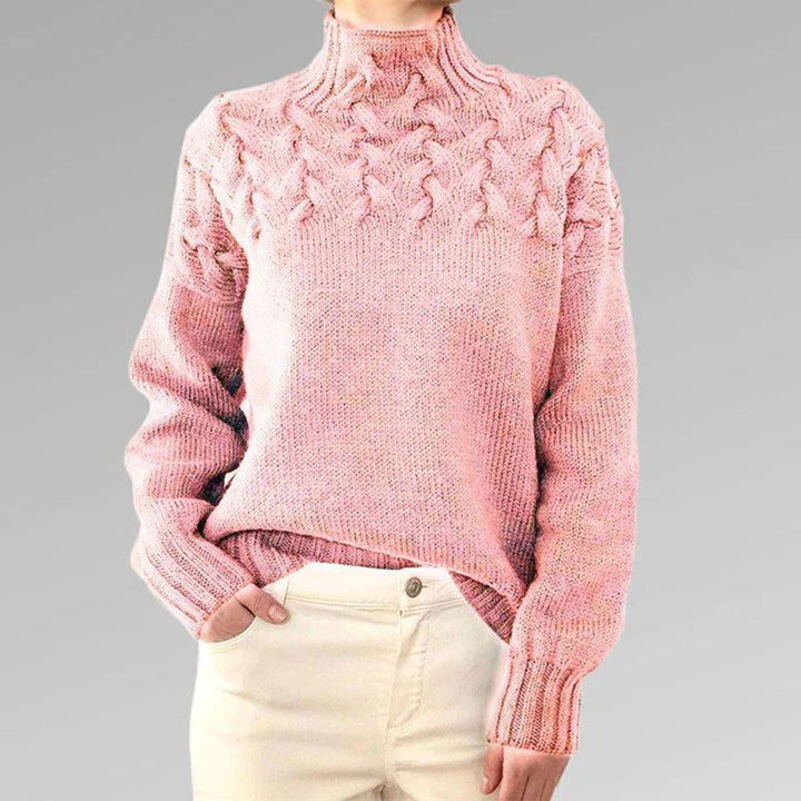 Rosa Strickpullover Damen, Zopfmuster, Rollkragen, Baumwolle, modisch, bequem, Herbstmode