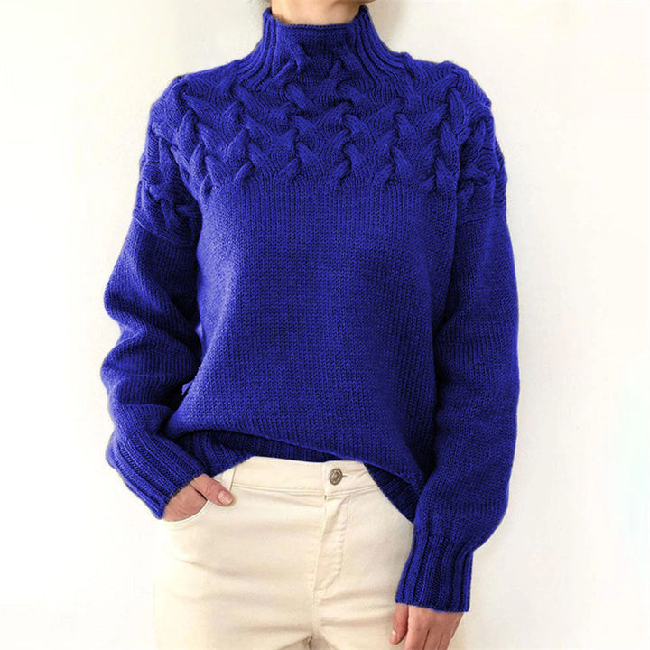 Damenpullover blau Strickmuster Rollkragen, modisch, warm, Wintermode, Freizeitkleidung.