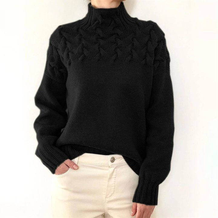 Schwarzer Strickpullover Damen, Zopfmuster, Rollkragen, warm, modisch, Wintermode.