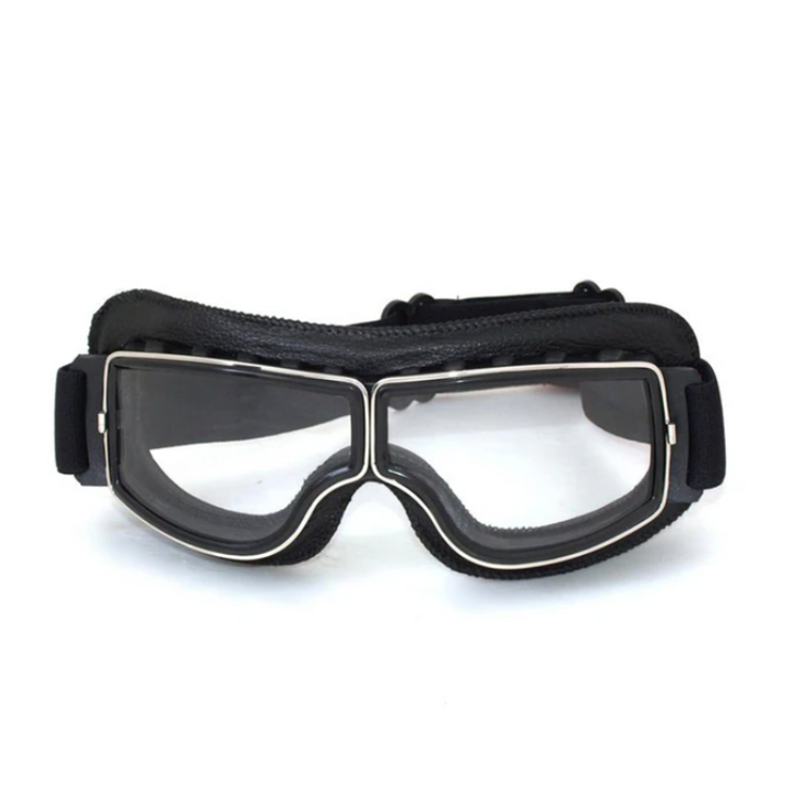 Schwarze Motorradbrille mit klaren Gläsern, Vintage-Stil, Schutzbrille für Motorradfahrer.