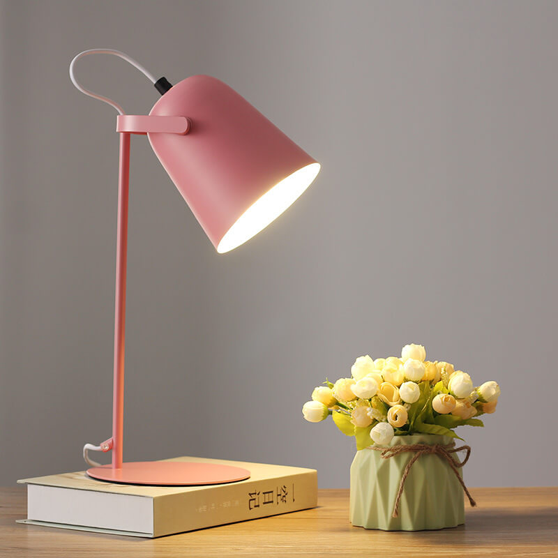 Růžová varianta lampy se svítícím stínidlem stojí na knize vedle kytice poupat v zeleném květináči. 8