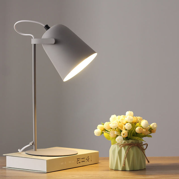 Šedá varianta lampy se svítícím stínidlem stojí na knize vedle kytice poupat v zeleném květináči. 10