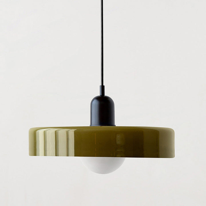 Moderne grüne Pendelleuchte aus Glas, 35 cm, minimalistisches Design, schwarze Aufhängung.