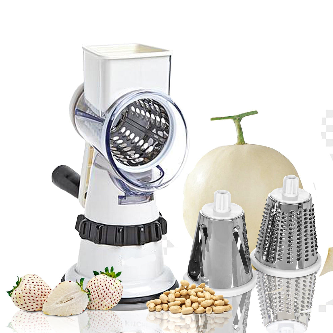 Weißer Gemüseschneider mit Trommel, Edelstahl, manuell, ideal für Küche, Obst und Gemüse.