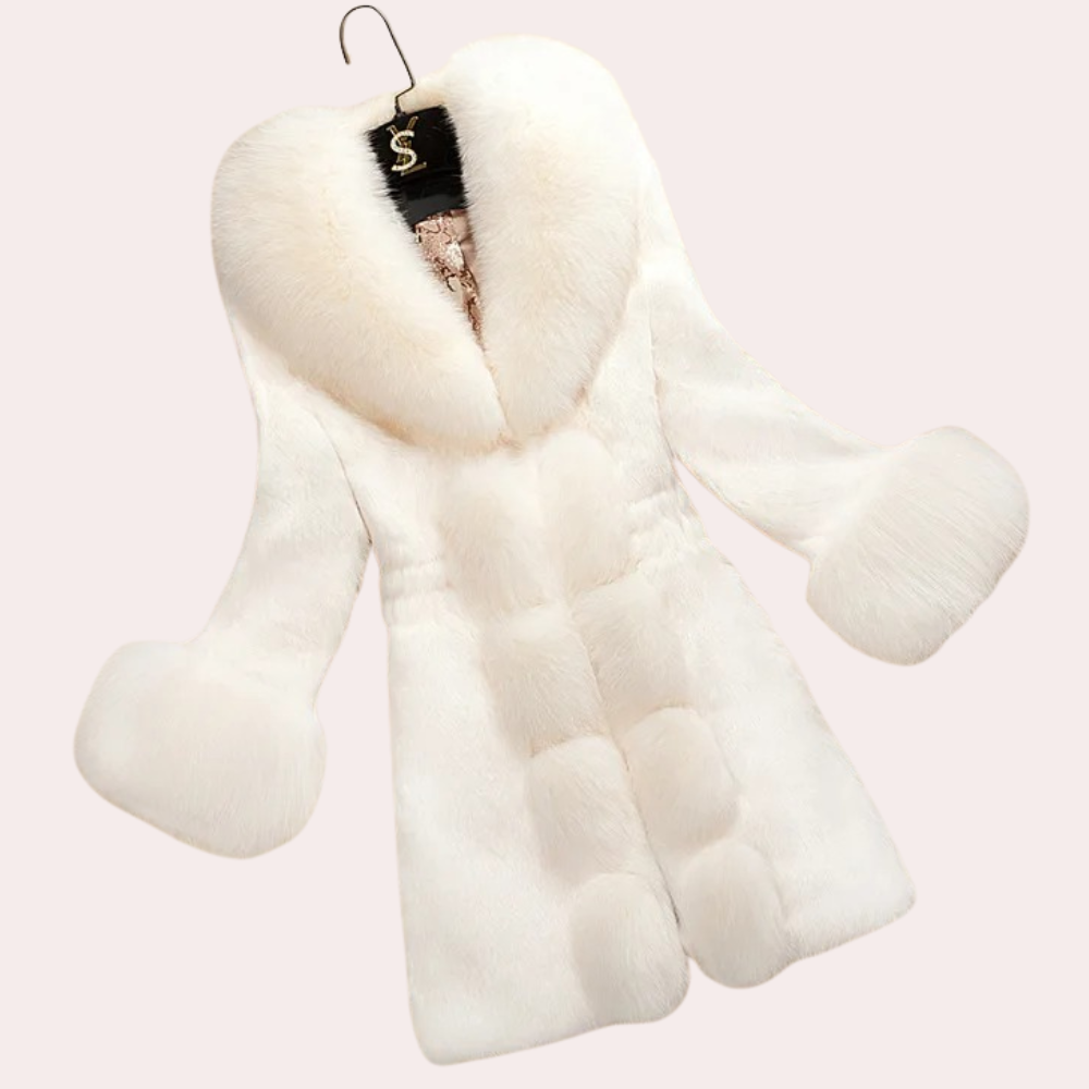 Weiße Damenpelzjacke, Kunstpelz, eleganter Wintermantel, flauschig, modisch, warm.