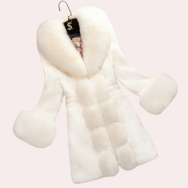 Weiße Damenpelzjacke, Kunstpelz, eleganter Wintermantel, flauschig, modisch, warm.