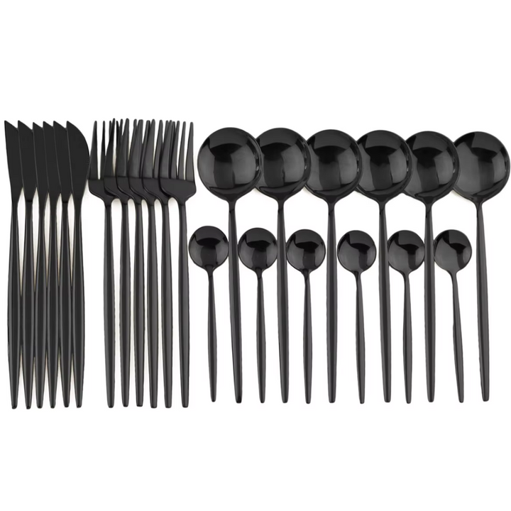 Schwarzes Edelstahl-Besteckset, 24-teilig, modern, Messer, Gabeln, Löffel, stilvoll.