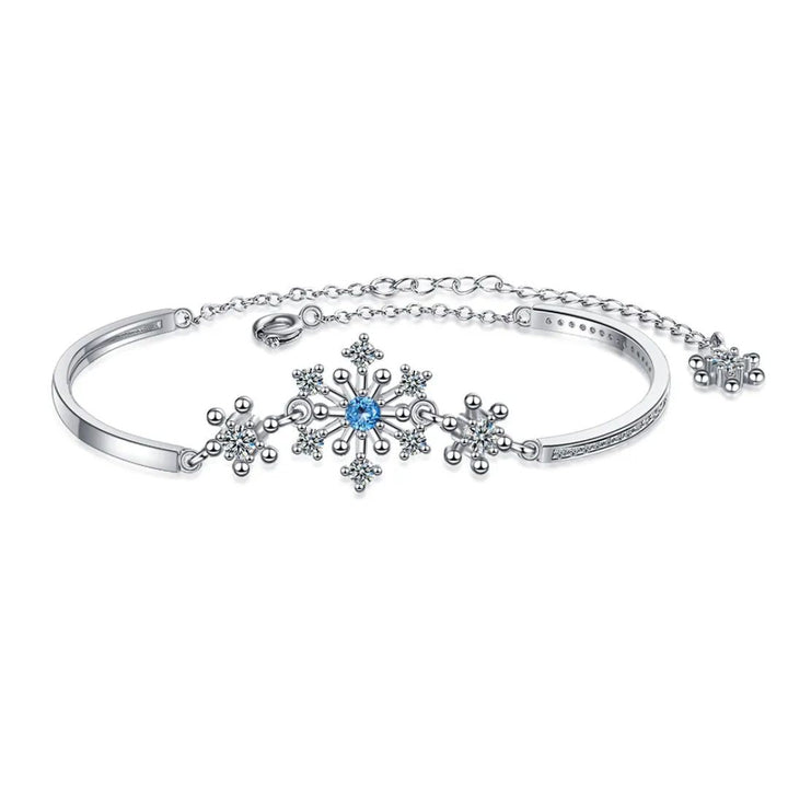 Silberarmband mit Schneeflocken-Design, blauer Kristall, Damen-Schmuck, verstellbar.