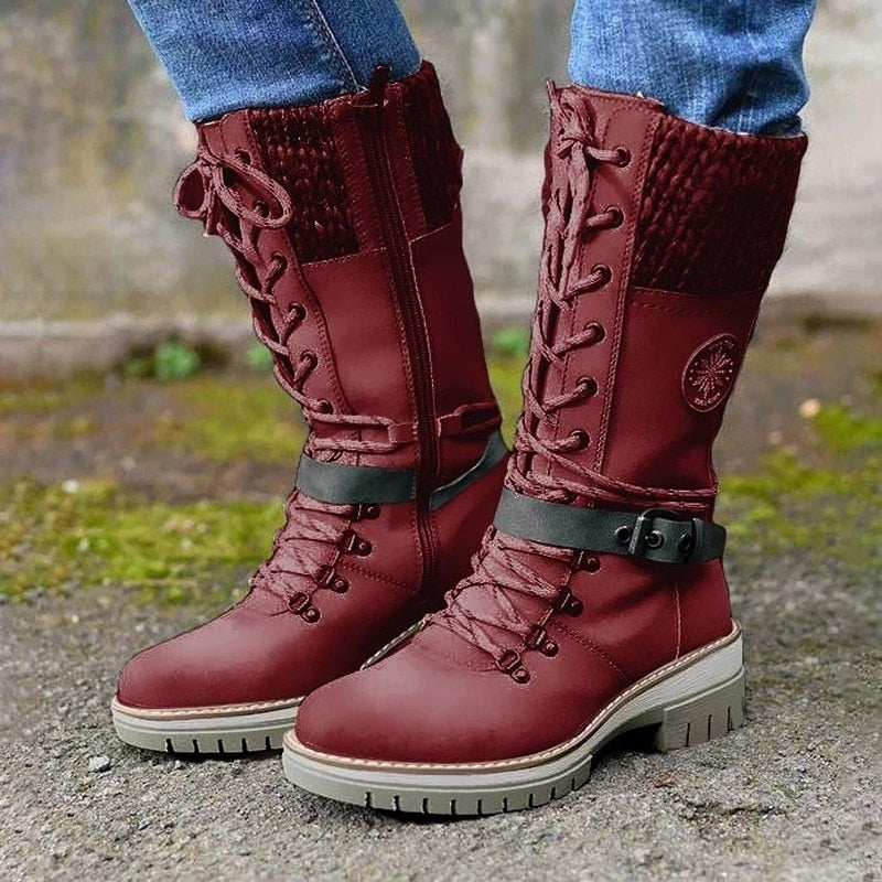 Damenstiefel rot, Leder, Schnürung, Reißverschluss, Winterstiefel, robust, modisch, bequem