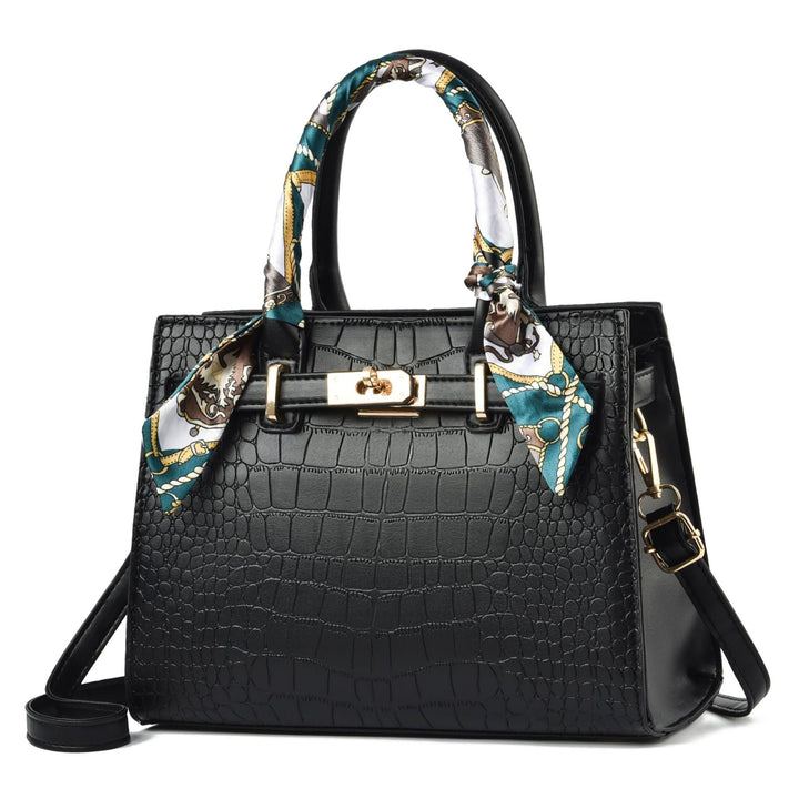 Schwarze Krokodilleder-Handtasche mit Seidenschal, Damenmode, elegant, luxuriös.