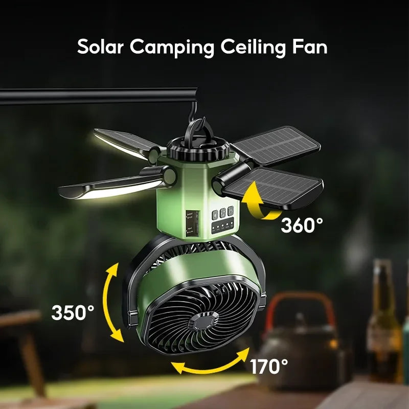 Solární ventilátor pro kempování s baterií 6000 mAh, LED světlem a 4stupňovým nastavením rychlosti – SunBreeze