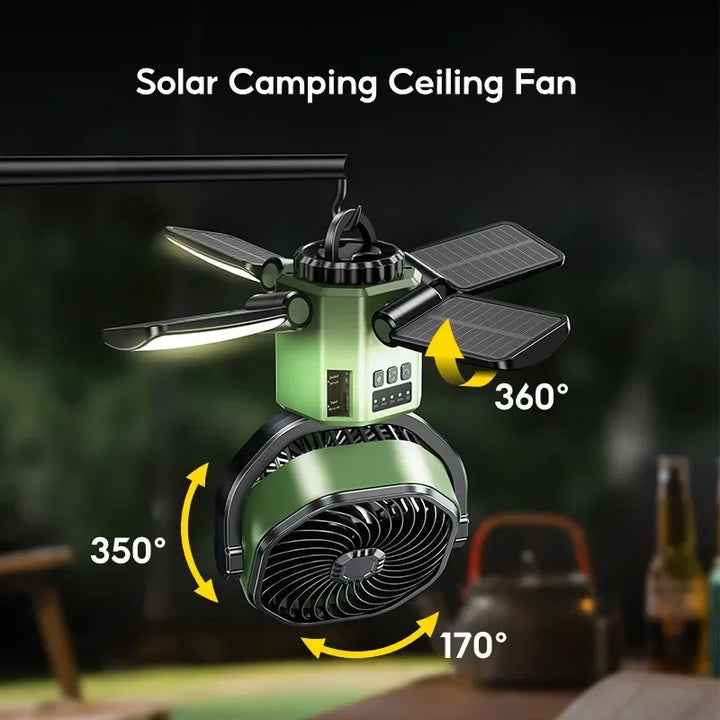 Solární ventilátor pro kempování s baterií 6000 mAh, LED světlem a 4stupňovým nastavením rychlosti – SunBreeze