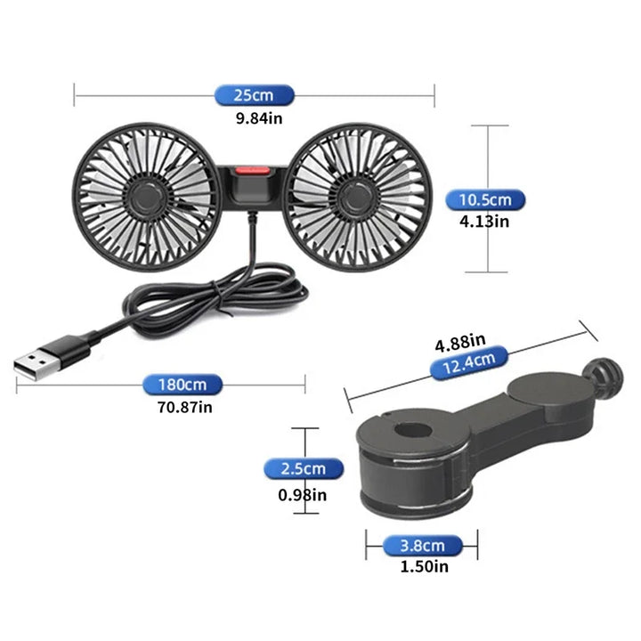 Přenosný USB dvouhlavý autoventilátor, otočný o 360° s 3 rychlostmi – CoolBreeze