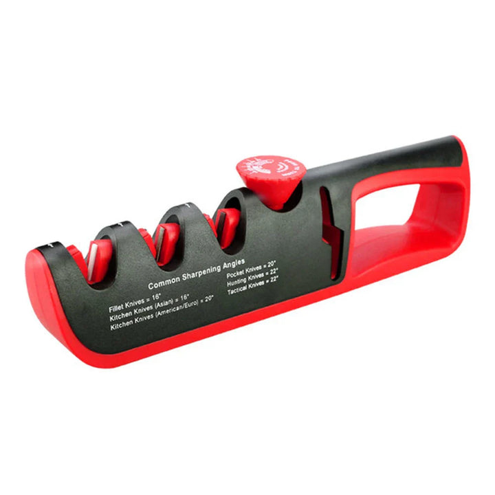 Roter und schwarzer Messerschärfer, dreistufig, ergonomisch, für Küchenmesser.