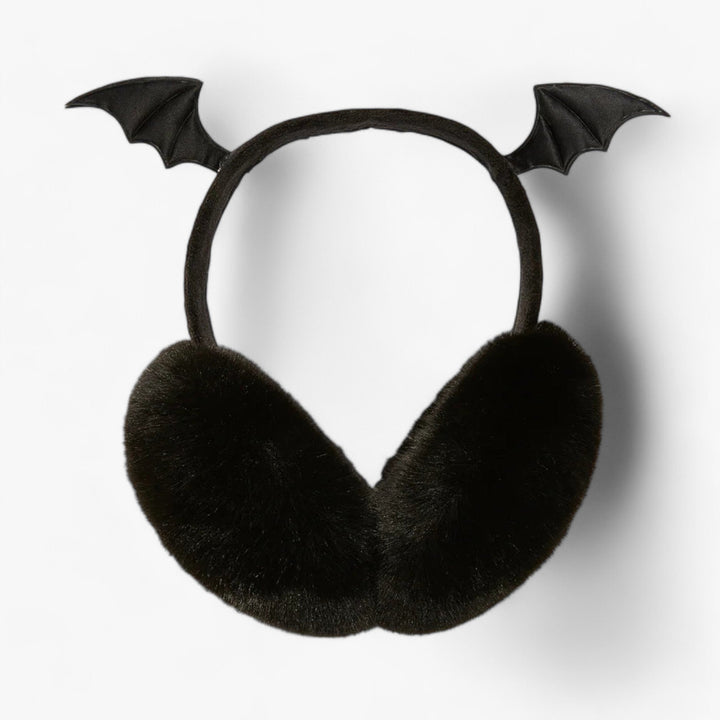 Schwarze Plüsch-Ohrenschützer mit Fledermausflügeln, modisches Winteraccessoire.